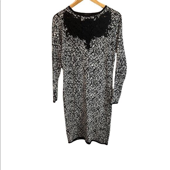 LEao GUY Black &White Patterned Sheer Lace Panel Back Fitted Sweater Dress - Picture 1 of 8